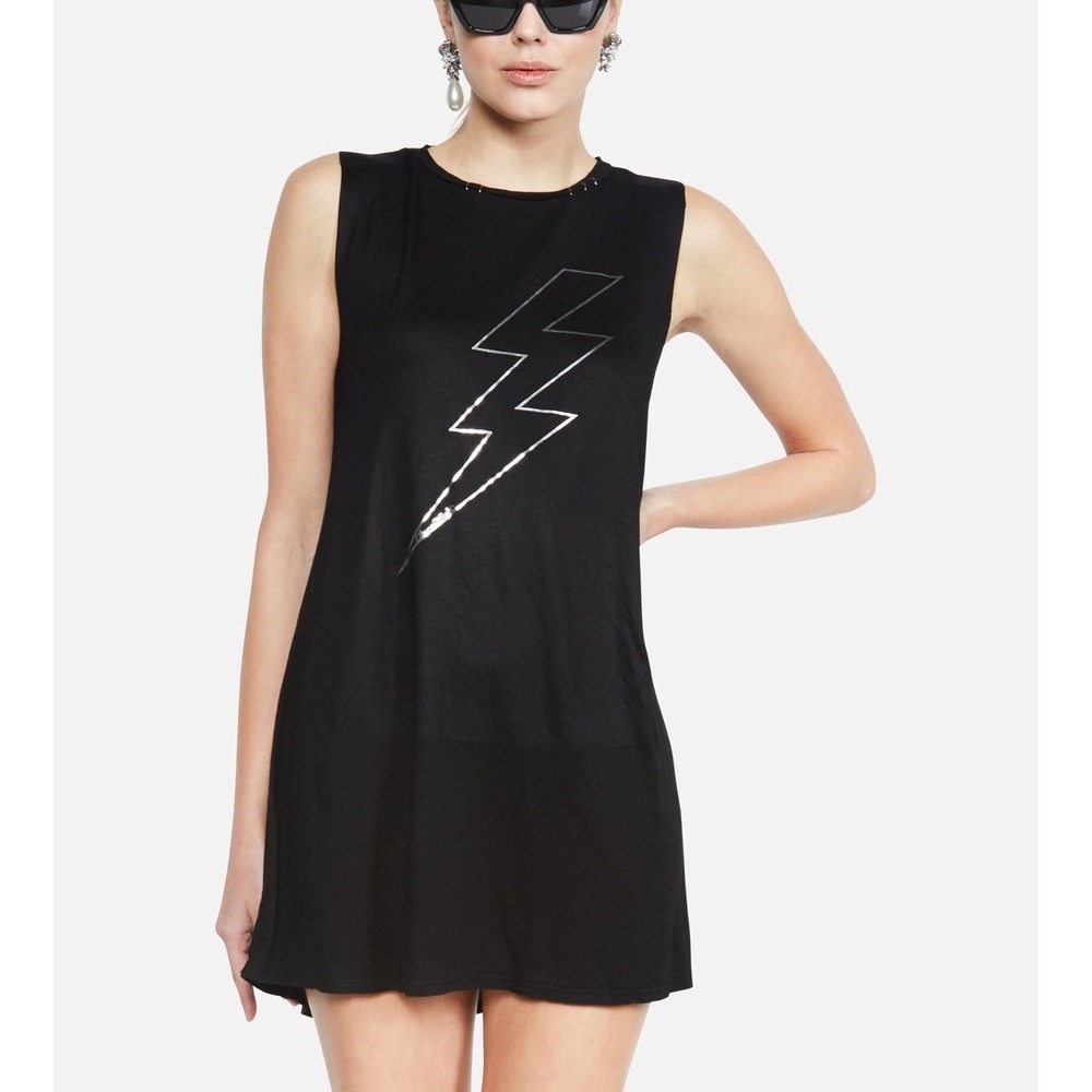 Lauren Moshi Deanna Lightning Bolt Graphic Mini T-Shirt Dress XS Edgy Rocker